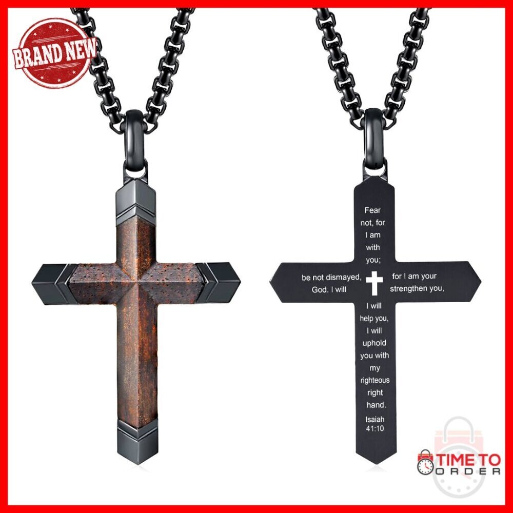Men's Wooden Cross Necklace Stainless Steel Chain Christian Gift